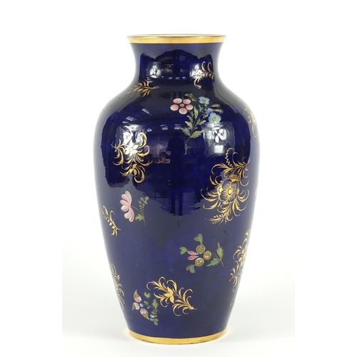 3909 - 19th century Spode porcelain ovoid vase, hand painted and gilded with floral sprays onto a blue grou... 