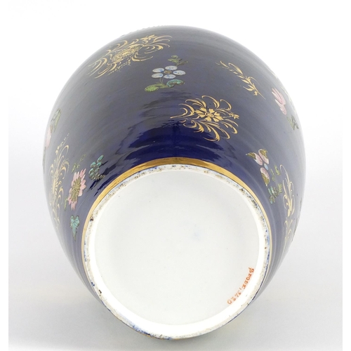 3909 - 19th century Spode porcelain ovoid vase, hand painted and gilded with floral sprays onto a blue grou... 