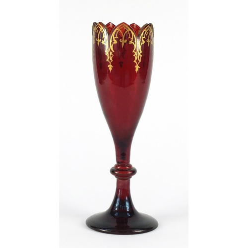 3365 - 19th century Bohemian ruby glass vase with gilt decoration, 31cm high