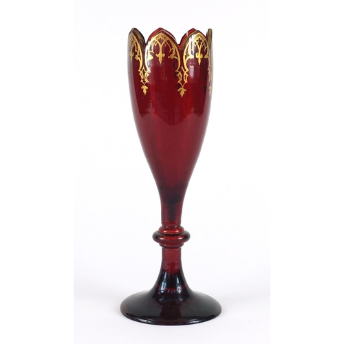 3365 - 19th century Bohemian ruby glass vase with gilt decoration, 31cm high