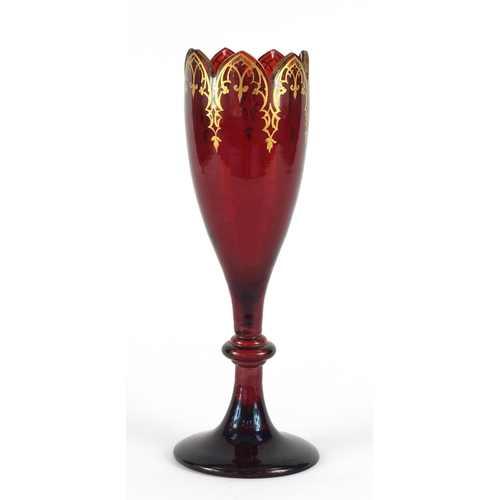 3365 - 19th century Bohemian ruby glass vase with gilt decoration, 31cm high