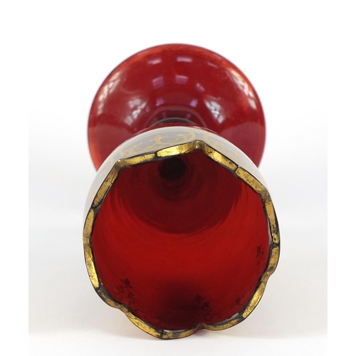 3365 - 19th century Bohemian ruby glass vase with gilt decoration, 31cm high