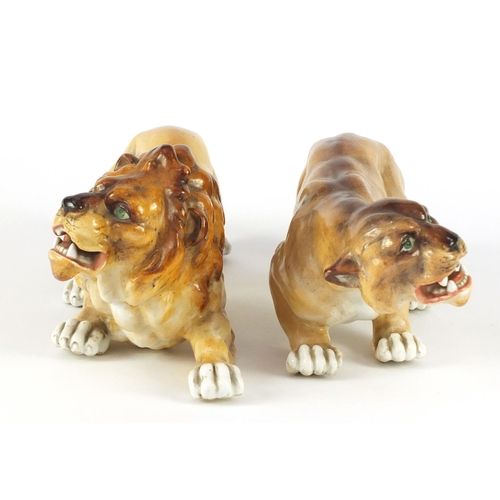 3911 - Two German hand painted porcelain animals by Sitzendorf comprising a lion and lioness, the largest 2... 