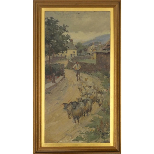 3624 - Richmond - Shepherd with flock of sheep, oil on canvas, Edwin Viner label verso, mounted and framed,... 