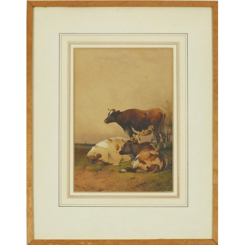 3712 - Frederick E Valter 1899 - Cattle in a landscape, Victorian watercolour, mounted, framed and glazed, ... 