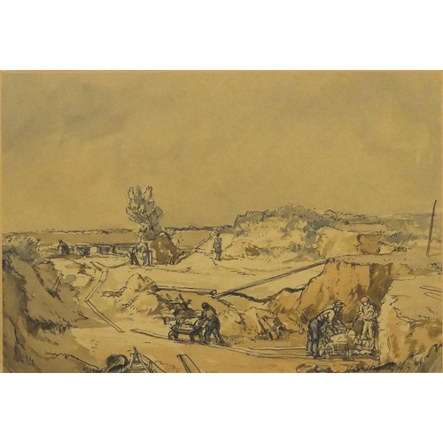 3348 - Harry Morley 1917 - The sand pits, ink and wash, inscribed verso, mounted, framed and glazed, 30cm x... 