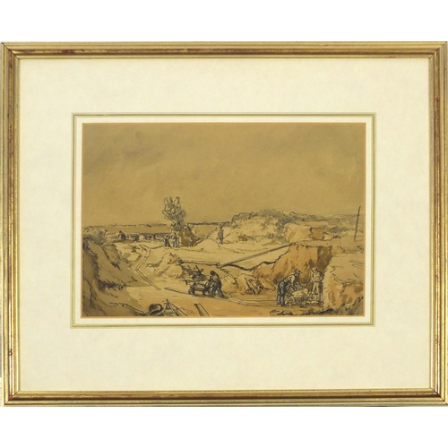 3348 - Harry Morley 1917 - The sand pits, ink and wash, inscribed verso, mounted, framed and glazed, 30cm x... 