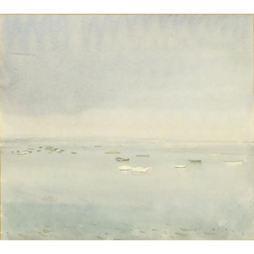 3350 - Robert Austin - Boats on a calm sea, watercolour, inscribed verso, mounted, framed and glazed, 26cm ... 