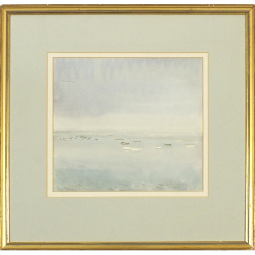 3350 - Robert Austin - Boats on a calm sea, watercolour, inscribed verso, mounted, framed and glazed, 26cm ... 