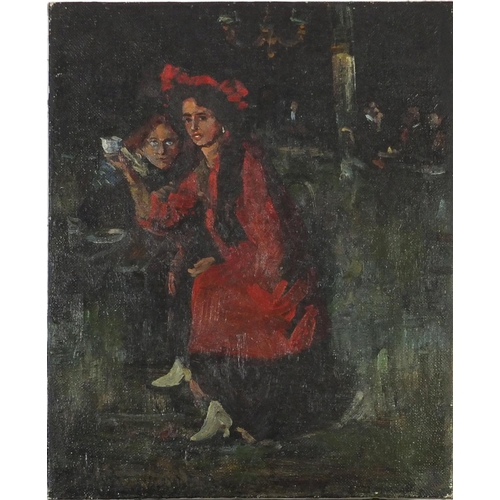 4122 - Figure in a cafe, Russian school oil on canvas, label and inscription verso, unframed, 50cm x 40cm