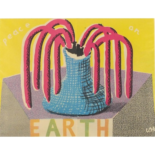 3172 - David Hockney - Peace on Earth, 1986 offset lithograph in colour, Goldmark Gallery label verso, moun... 