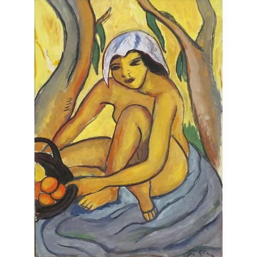 4303 - Nude Middle Eastern girl, gouache, mounted, framed and glazed, 36cm x 25.5cm