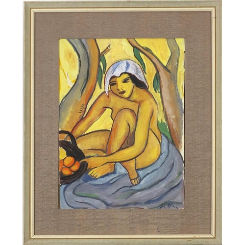 4303 - Nude Middle Eastern girl, gouache, mounted, framed and glazed, 36cm x 25.5cm