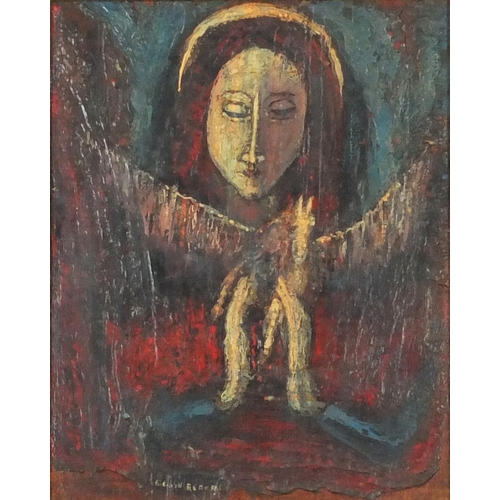 3858 - Surreal composition, girl with winged horse, oil on board, framed, 24.5cm x 19.5cm