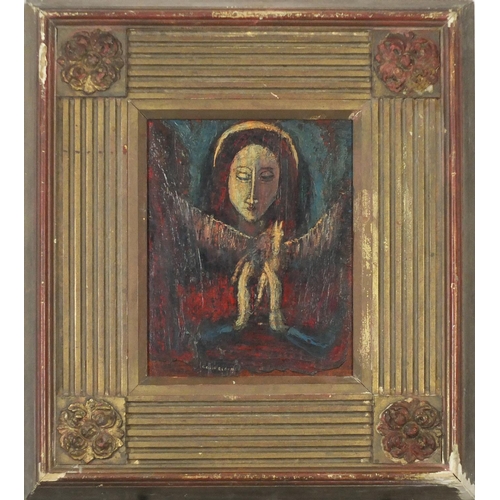 3858 - Surreal composition, girl with winged horse, oil on board, framed, 24.5cm x 19.5cm