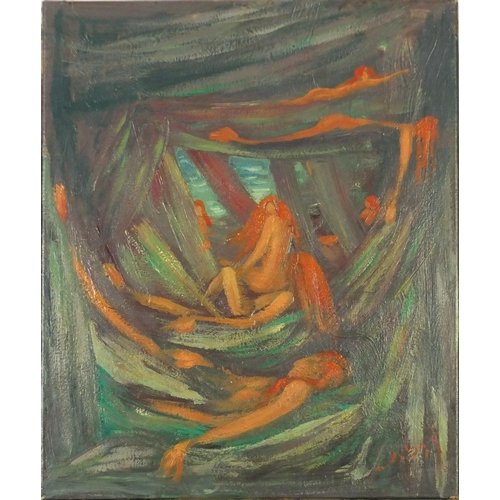 4010 - Surreal composition, figures sleeping in hammocks, oil on canvas, bearing an indistinct signature an... 