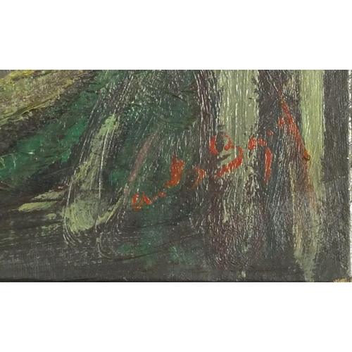 4010 - Surreal composition, figures sleeping in hammocks, oil on canvas, bearing an indistinct signature an... 