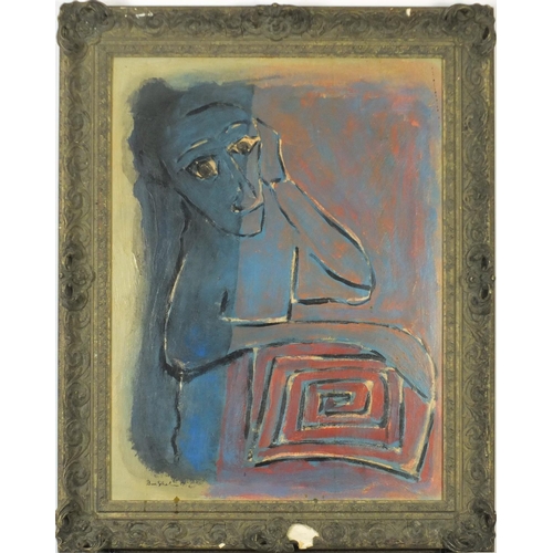 3716 - Manner of Ben Shahn - Abstract composition, American school oil on board, framed, 61cm x 46cm