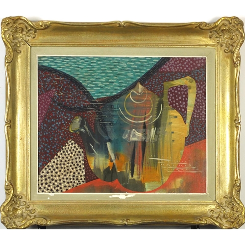 3717 - Abstract composition with a teapot, oil on board, mounted and framed, 48cm x 38.5cm