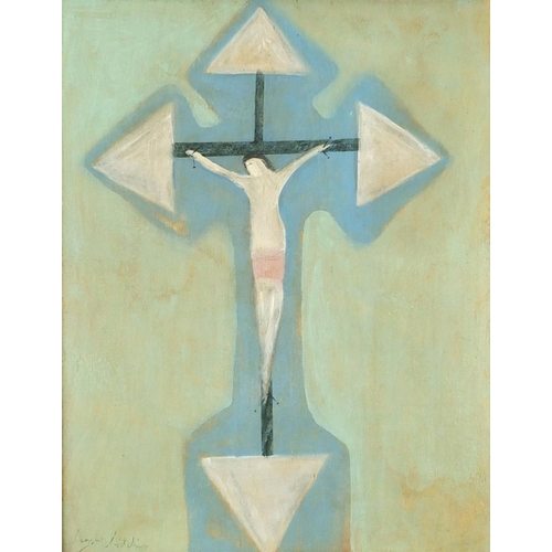 4121 - Surreal crucifixion, oil on board, framed, 48cm x 37.5cm