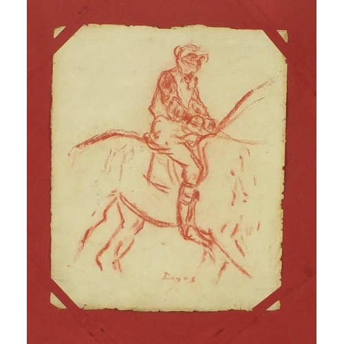 3351 - Jockey on horseback, wax crayon on paper, mounted, framed and glazed, 27.5cm x 22cm