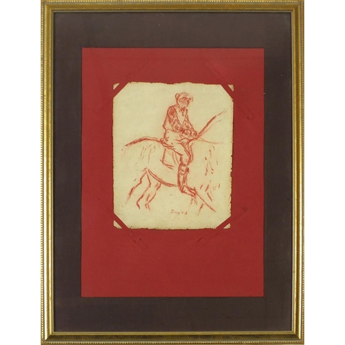 3351 - Jockey on horseback, wax crayon on paper, mounted, framed and glazed, 27.5cm x 22cm