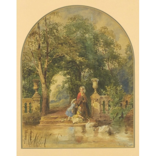 3500 - H L Holding 1857 - Mother and daughters by a pond, 19th century watercolour, mounted, framed and gla... 