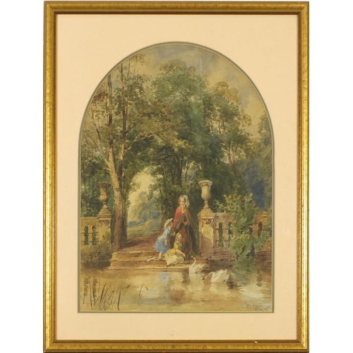 3500 - H L Holding 1857 - Mother and daughters by a pond, 19th century watercolour, mounted, framed and gla... 