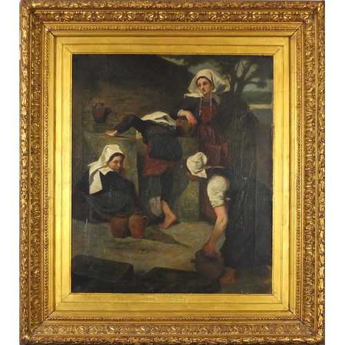 3030 - Maidens collecting water from a well, 19th century Pre-Raphaelite school oil on canvas, mounted and ... 