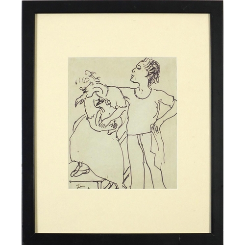 3886 - After Jean Cocteau - Caricature of a couple with dog, ink on paper, mounted, framed and glazed, 25cm... 