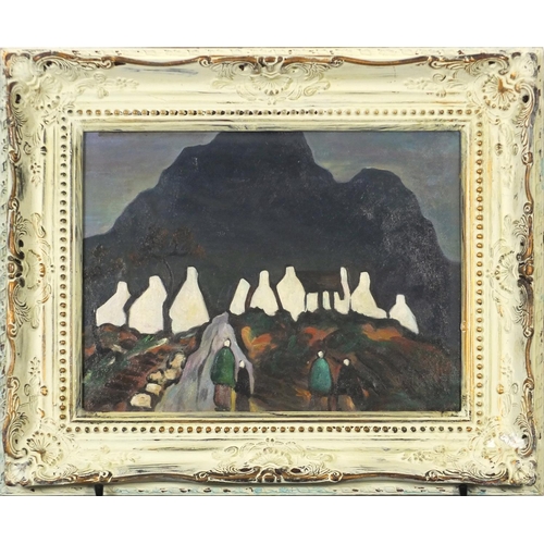 3714 - Manner of Markey Robinson - Figures before cottages and mountains, Irish school oil on board, framed... 