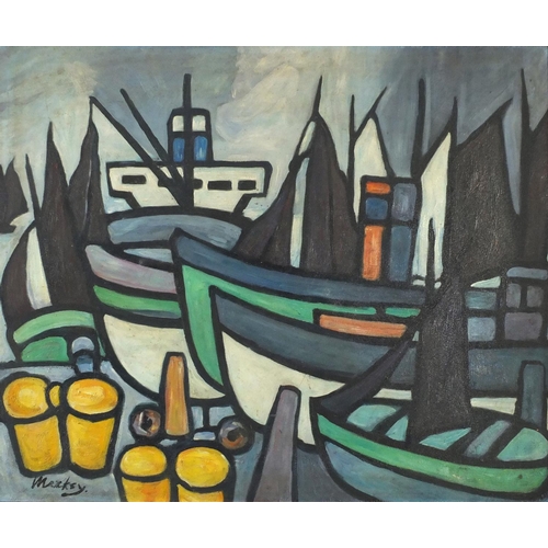 3399 - Manner of Markey Robinson - Harbour with moored fishing boats, Irish school oil on board, framed, 59... 