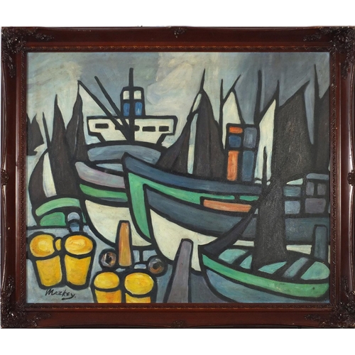 3399 - Manner of Markey Robinson - Harbour with moored fishing boats, Irish school oil on board, framed, 59... 