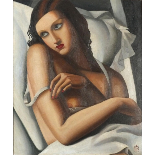 3854 - Manner of Tamara de Lempicka - Scantily dressed female, Art Deco school oil on board, framed, 59.5cm... 