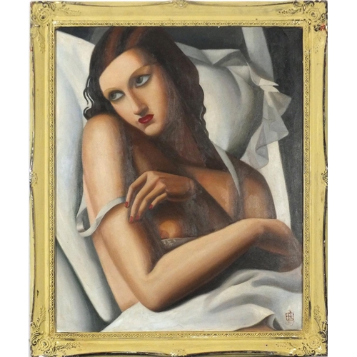 3854 - Manner of Tamara de Lempicka - Scantily dressed female, Art Deco school oil on board, framed, 59.5cm... 