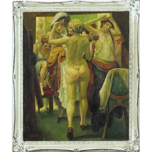 3539 - Manner of Laura Knight - Theatrical dressing room with nude female, modern British school oil on boa... 