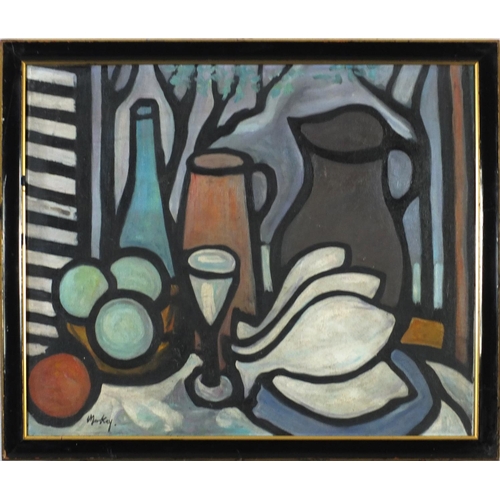 3622 - Manner of Markey Robinson - Still life, fruit, fish and vessels, Irish school oil on board, framed, ... 