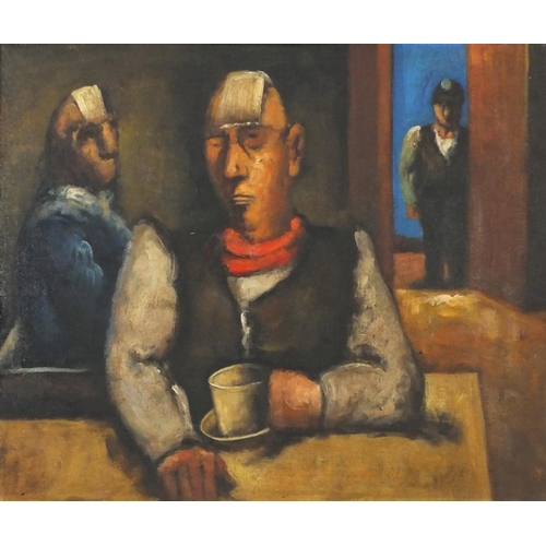 3349 - Manner of Josef Herman - Figures in an interior, Welsh school oil on board, framed, 59cm x 49.5cm