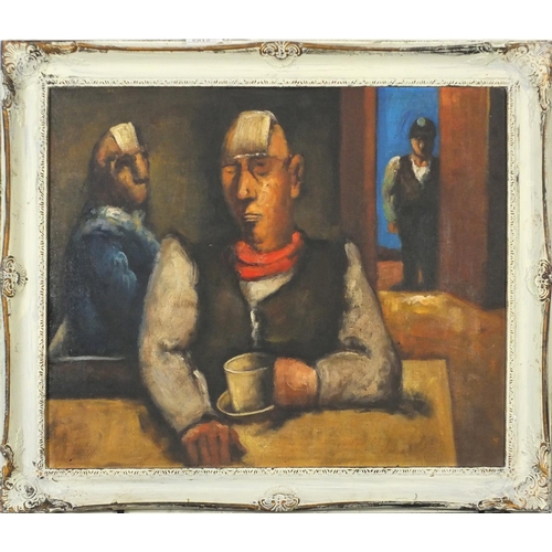 3349 - Manner of Josef Herman - Figures in an interior, Welsh school oil on board, framed, 59cm x 49.5cm