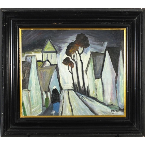 3674 - Manner of Markey Robinson - Street scene, Irish school oil on board, framed, 53cm x 44.5cm