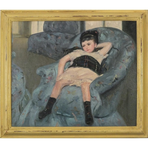 3711 - Young girl in a chair, French Impressionist oil on board, framed, 69.5cm x 59cm