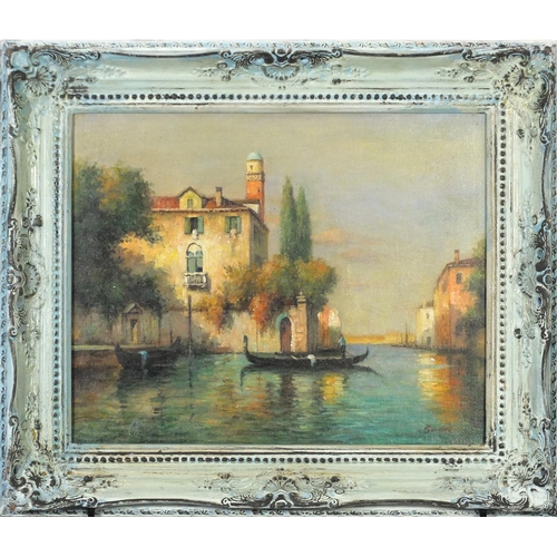 3298 - Manner of Antoine Bouvard - Venetian canal with gondolas, French school oil on board framed, 49cm x ... 