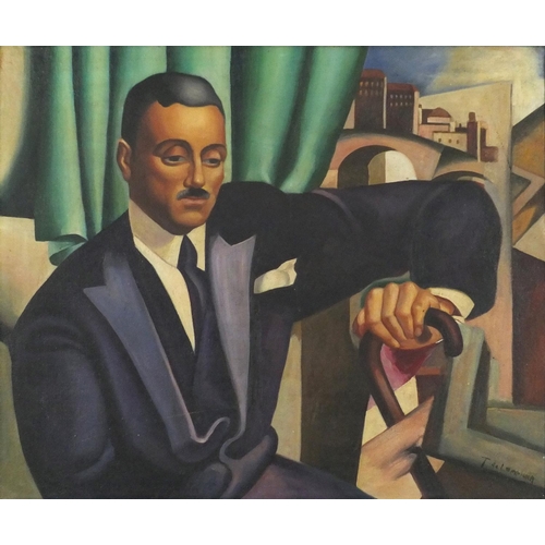 3498 - Manner of Tamara de Lempicka - Gentleman with a stick, Art Deco school oil on board, framed, 59cm x ... 