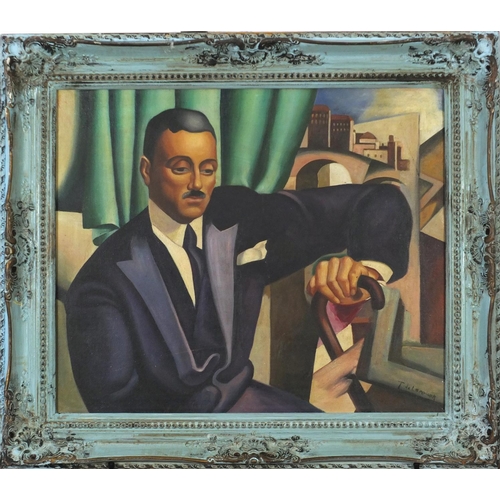 3498 - Manner of Tamara de Lempicka - Gentleman with a stick, Art Deco school oil on board, framed, 59cm x ... 