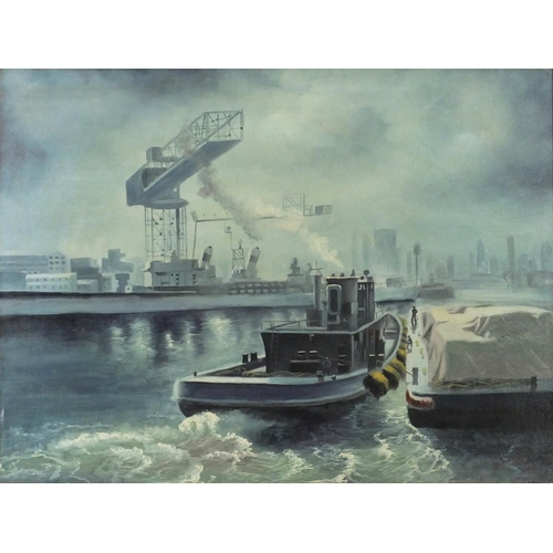 3925 - After Edward Henry Eugene Fletcher - Marine scene with battleship, oil on board, framed, 59.5cm x 44... 