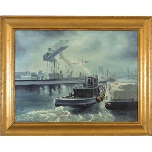 3925 - After Edward Henry Eugene Fletcher - Marine scene with battleship, oil on board, framed, 59.5cm x 44... 