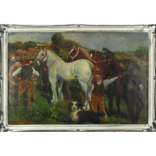 3303 - After Alfred Munnings - Horses in a field with figures, oil on board, framed, 90cm x 60cm