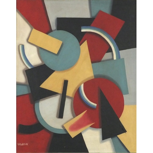 3268 - Abstract composition, geometric shapes, Russian school oil on board, framed, 49cm x 39cm