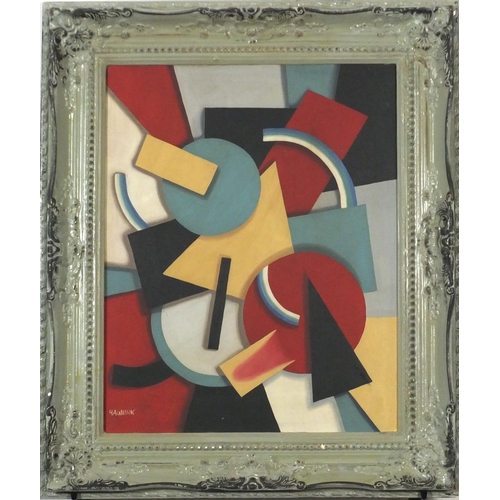 3268 - Abstract composition, geometric shapes, Russian school oil on board, framed, 49cm x 39cm