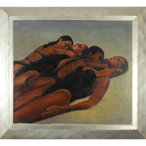 3473 - Four females bathing, Italian school oil on board, bearing a signature Pino, framed, 73cm x 61cm